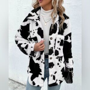 ❤️Hello Gorgeous!  Cow Print Collared Neck Button Up Fuzzy Jacket Faux Fur